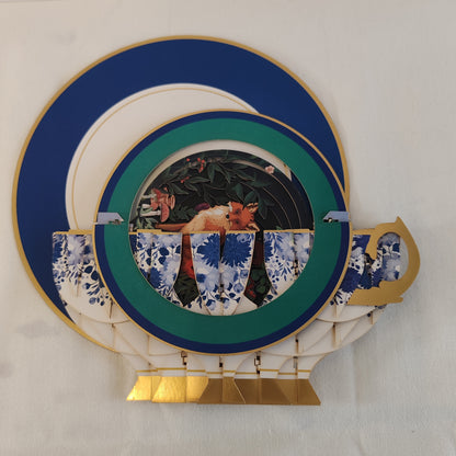 Cup of tea pop up greeting card. Fox theme