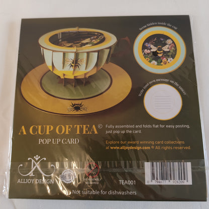 Cup of tea pop up greeting card. Bee theme
