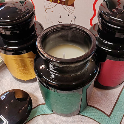 Black Apothecary Jar green foil label. Scent of Tabac and Pine