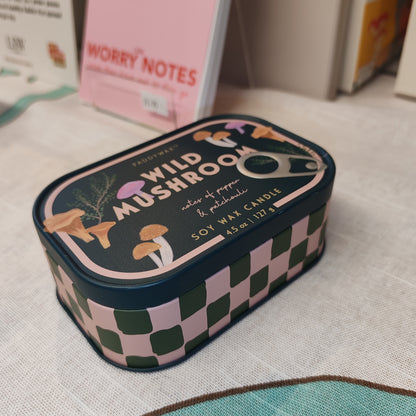 Wild mushroom printed tin candle. Scent of pepper and Patchouli.