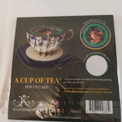 Cup of tea pop up greeting card. Fox theme