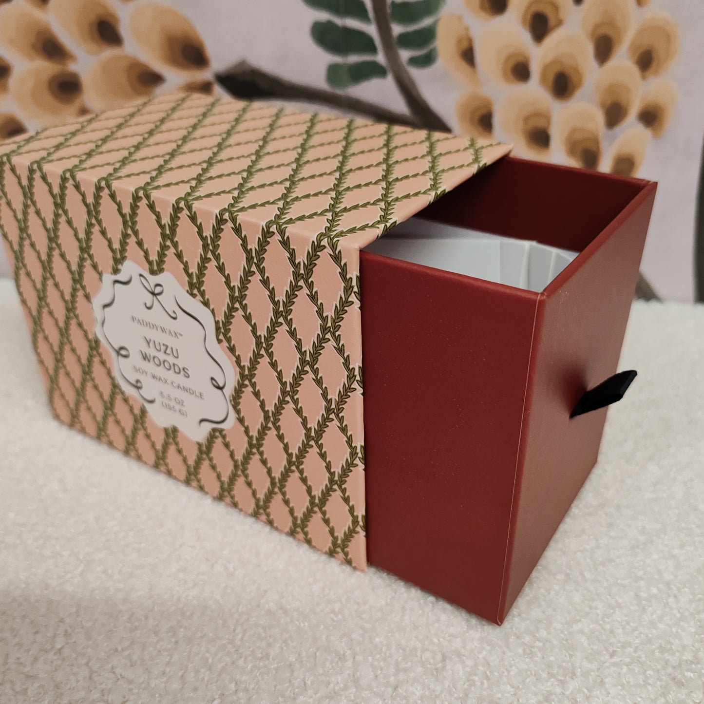 Scented candle in porcelain dish. Yuzu woods scent