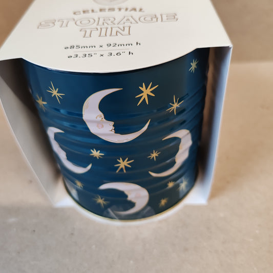 Celestial storage tin decorated with moon faces.