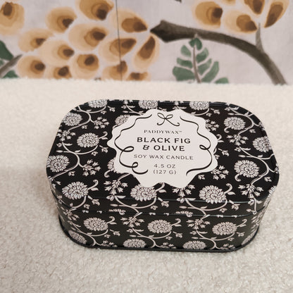 Cherie 4.5oz/155g Printed Tin Candle - Black & Grey - Black Fig & Olive