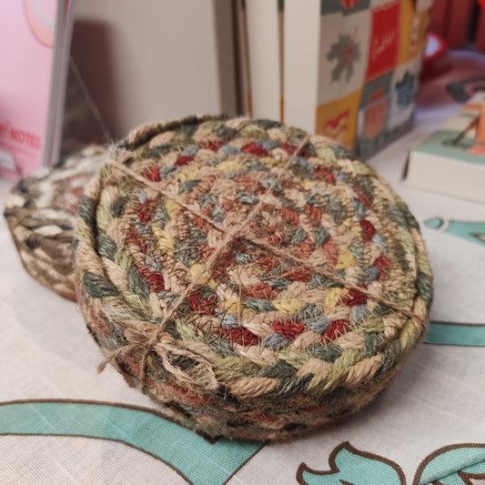 Jute set of 6 coasters in basket. Pampas grass colours. 12cm