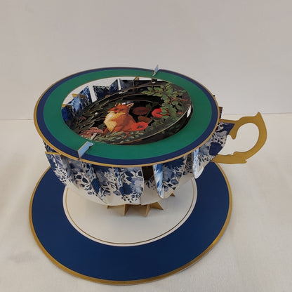 Cup of tea pop up greeting card. Fox theme