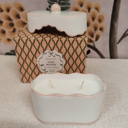 Scented candle in porcelain dish. Yuzu woods scent
