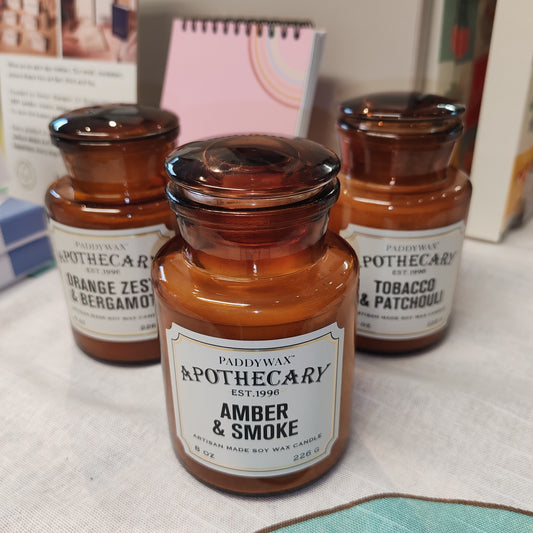 Apothecary Jar glass candle with lid. Scent of tobacco and Patchouli.