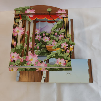 Paper theatre pop up greeting card. Romantic rowing theme