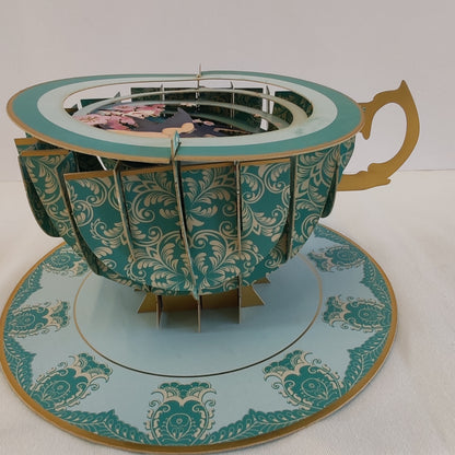 Cup of tea pop up greeting card. Cherry blossom theme.