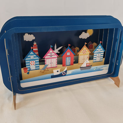 Message in a bottle pop up greeting card with beach hut scene